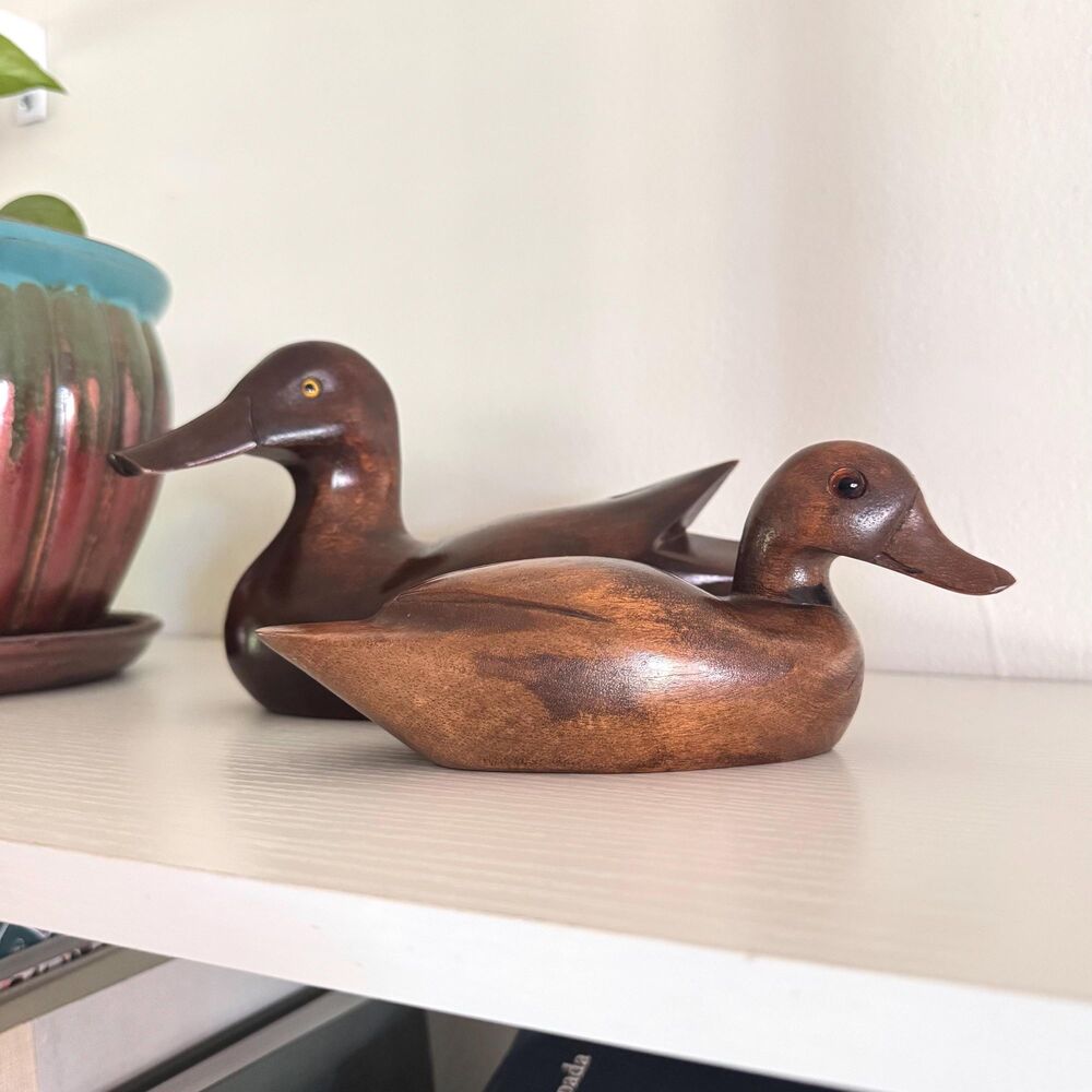 Vintage Set of Carved Wooden Duck Decoys / Rustic Lake Cabin Folk Art Figurines